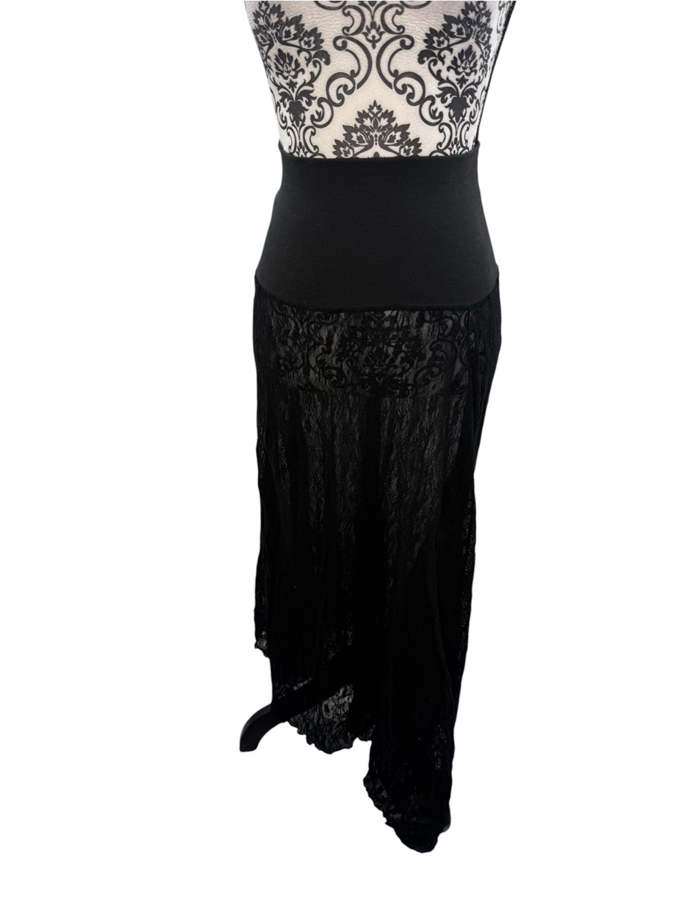 Black Lace Asymmetrical Midi Skirt Dress Sheer Stretch Waist Dark Feminine Goth - Picture 6 of 16
